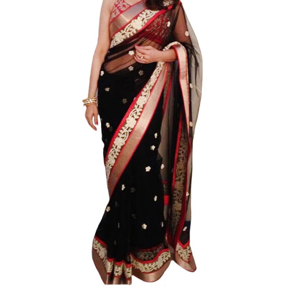 Black, Red And White Net Sari - image 1